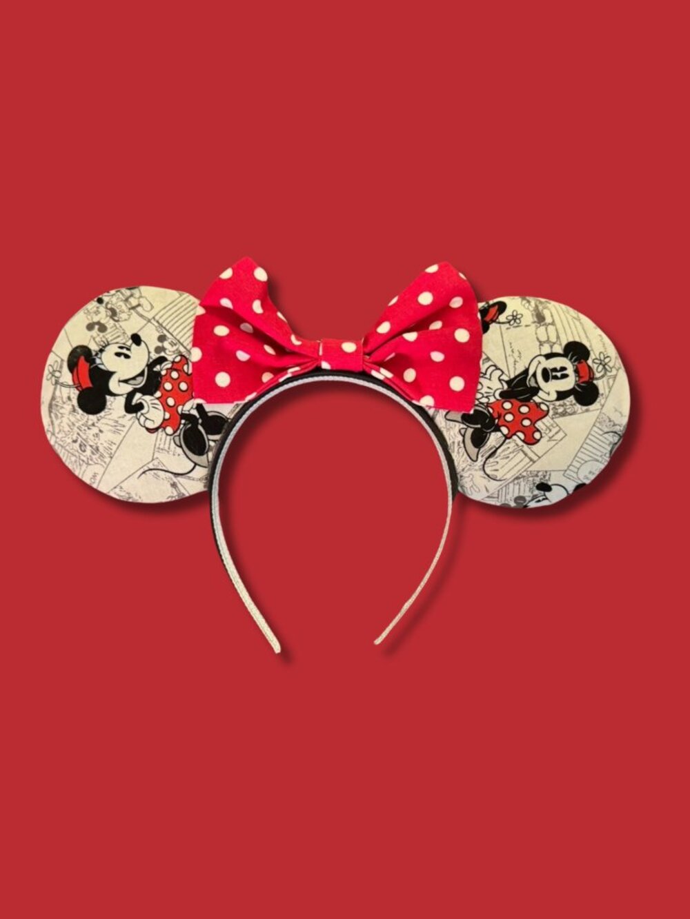 Boutique Minnie Mouse Newsprint Ears Red Polka Dot Bow Headband